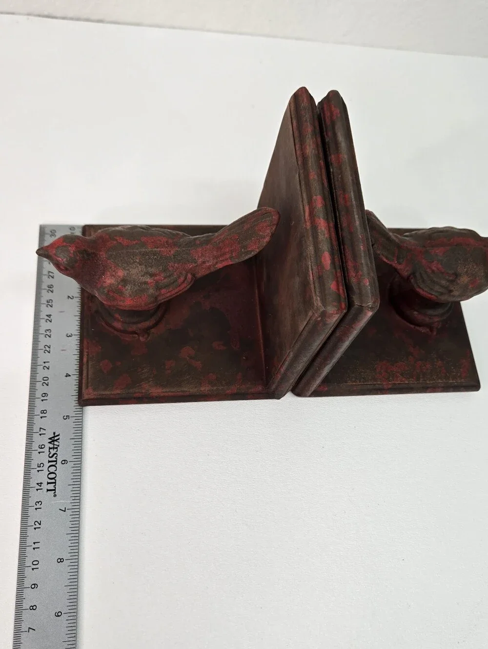 Vtg Cast Iron Songbird Sparrow Bookends Pair Red Paint Country Shelf Art Statues